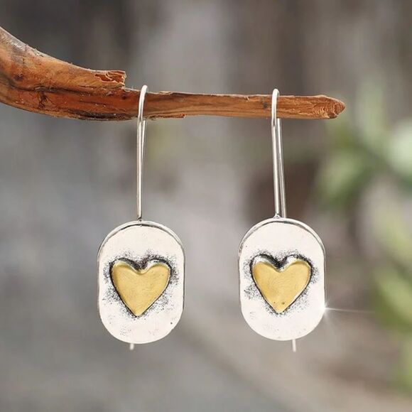 Hammered 2 Tone Silver Heart Drop Earrings Long Hook Vtg Style Pendant Retro - Picture 2 of 6